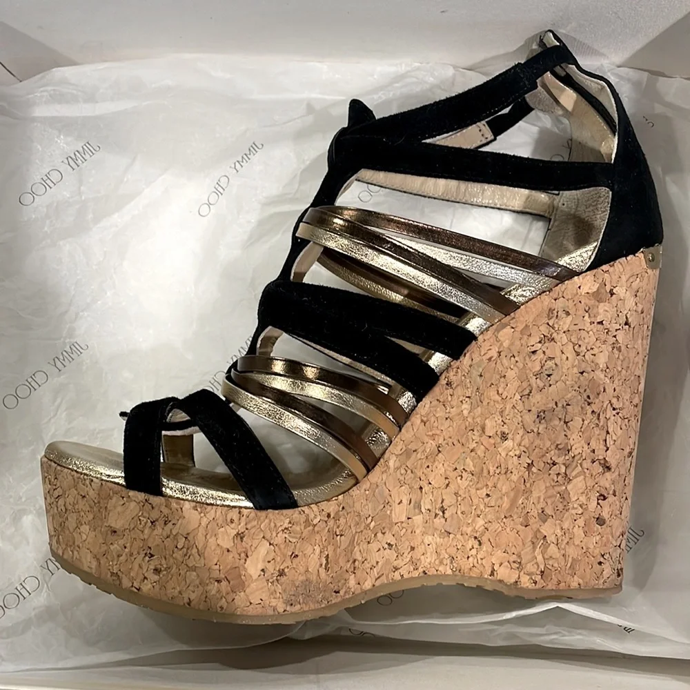 Jimmy Choo SUEDE/NAPPA/MIRROR BLACK Wedge - STYLE 121PEKABO Cork Wedges - Picture 5 of 9